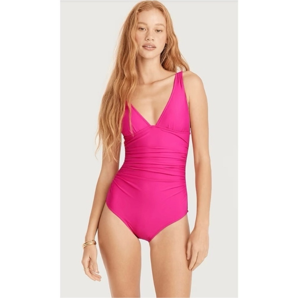 J Crew Radiant Fuchsia Pink Ruched V neck One piece Swimsuit NWT